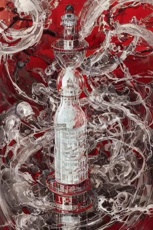 Image similar to a red and white lighthouse inside a clear bottle, very fancy whiskey bottle, intricate concept painting by ayami kojima, daytoner, greg tocchini, james jean, yoshitaka amano