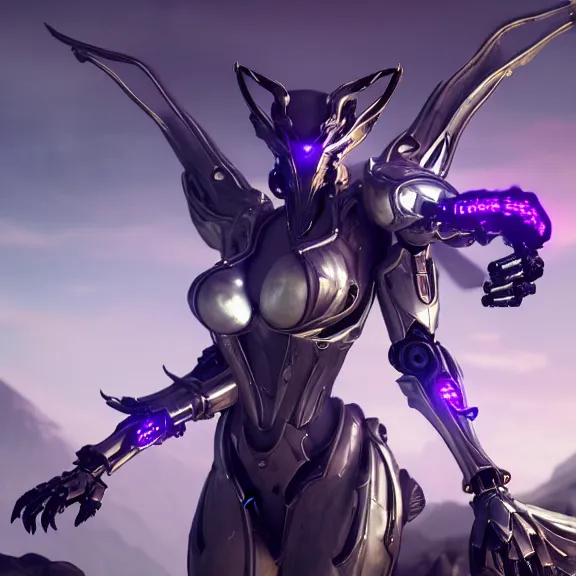 Image similar to extremely detailed cinematic low ground shot of a giant 1000 meter tall beautiful stunning saryn prime female warframe goddess, that's an anthropomorphic hot robot mecha female dragon, silver sharp streamlined armor, detailed head, sharp claws, glowing Purple LED eyes, sitting cutely in the background on top of a mountain, a tiny forest with a village in the foreground, fog rolling in, dragon art, warframe fanart, Destiny fanart, micro art, macro art, giantess art, fantasy, goddess art, furry art, furaffinity, high quality 3D realistic, DeviantArt, Eka's Portal, HD, depth of field