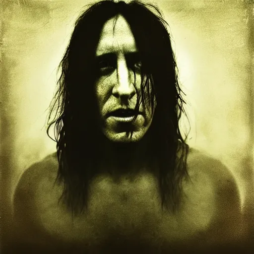 Prompt: portrait of trent reznor with long hair as a zombie by lee jeffries and michael hussar, horror, grotesque, award winning, sony a 7 r, trending on artstation
