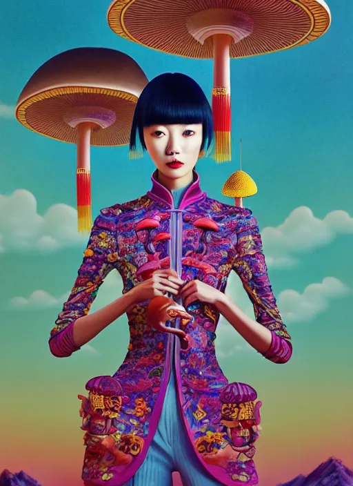 Image similar to pretty chinese model with futuristic mushroom : : by martine johanna and simon stalenhag and chie yoshii and casey weldon and wlop : : ornate, dynamic, particulate, rich colors, intricate, elegant, highly detailed, vogue, harper's bazaar art, fashion magazine, smooth, sharp focus, 8 k, octane render,