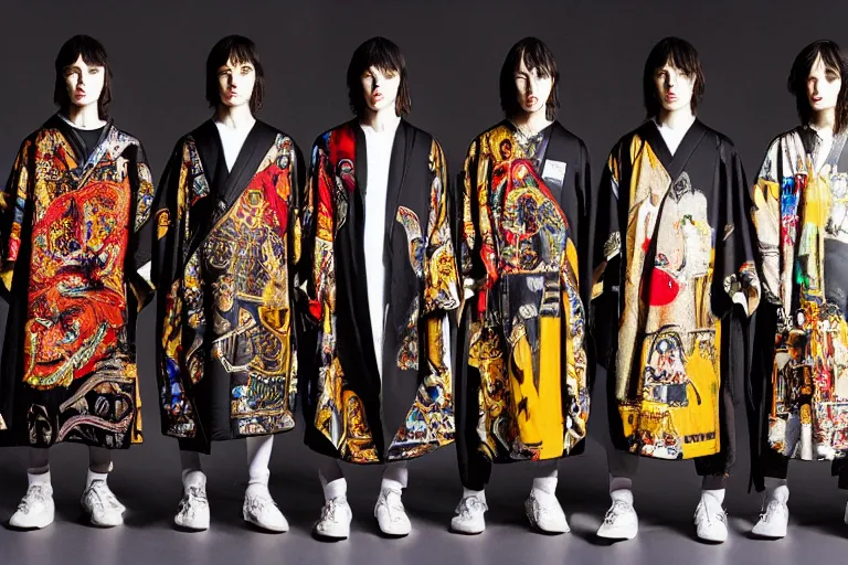 Image similar to the school of athens fresco gucci versace intricate print modern choatic textiles cloak tunic streetwear japanese cyberpunk