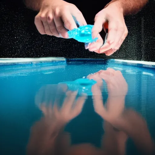 Image similar to a man touching a pool of liquid that shows a reflection of a ghost