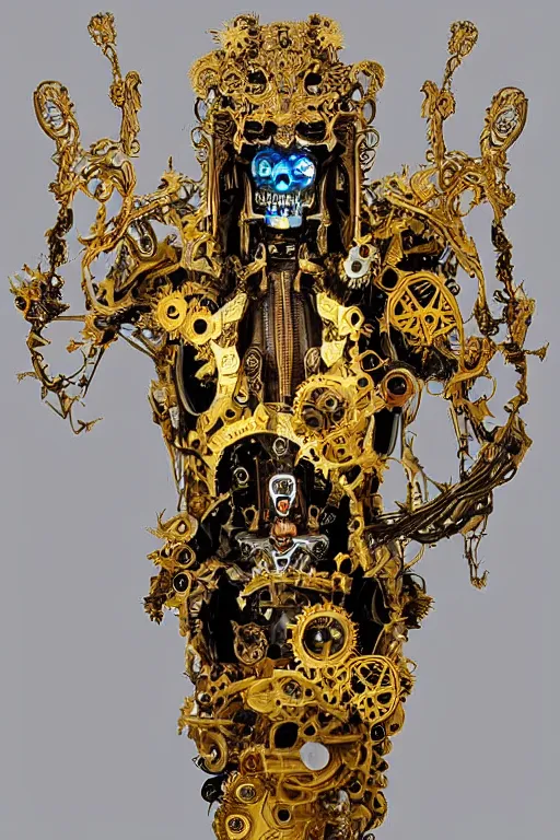 Image similar to full-body baroque and cyberpunk style sculpture of a young handsome Spanish prince half android with a chest opening exposing sparking circuitry, glowing green laser eyes, crown of mechanical gears and flowers, flowing golden-colored silk, fabric, steampunk archways. baroque elements, human skull. full-length view. baroque element. intricate artwork by caravaggio. many many birds birds on background. Trending on artstation, octane render, cinematic lighting from the right, hyper realism, octane render, 8k, depth of field, 3D