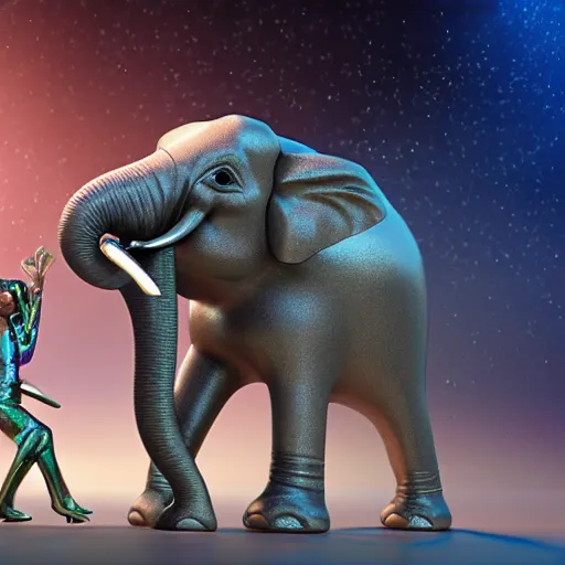 Prompt: 1 9 7 0's bollywood movie octane render, weta digital, cinema 4 d, an elephant wearing a silver latex suit and an iridescent metal helmet surrounded by women dancing in colorful flowing intricate dresses on a tropical alien planet