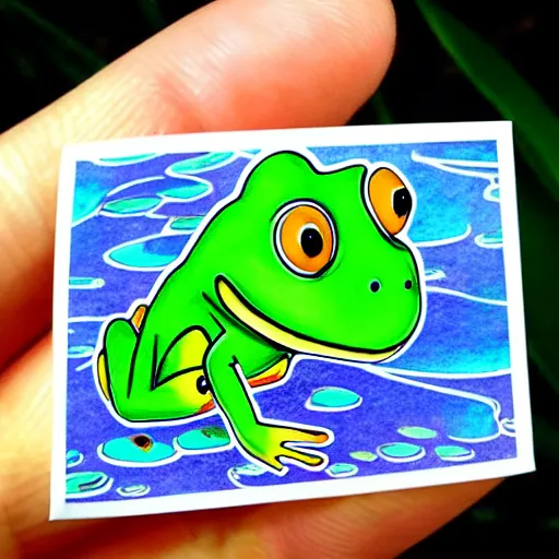 Image similar to !!! sticker!!! cute close - up of a frog in the water lilies, highly detailed, digital art, white outline,