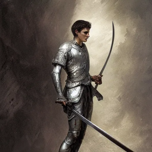 Prompt: artstation concept of a Young man with a bare upper body holding a sword in both hand, silver, shiny colorful, hyperdetailed, artstation trending, world renowned artists, worth1000.com, historic artworks society, antique renewel, cgsociety, by greg rutkowski, by Gustave Dore, Deviantart