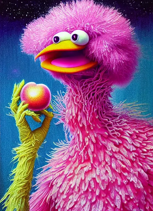 Image similar to hyper detailed 3d render like a Oil painting - kawaii portrait Aurora (the muppet big bird) seen Eating of the Strangling network of yellowcake aerochrome and milky Fruit and His delicate Hands hold of gossamer polyp blossoms bring iridescent fungal flowers whose spores black the foolish stars by Jacek Yerka, Ilya Kuvshinov, Mariusz Lewandowski, Houdini algorithmic generative render, Abstract brush strokes, Masterpiece, Edward Hopper and James Gilleard, Zdzislaw Beksinski, Mark Ryden, Wolfgang Lettl, hints of Yayoi Kasuma, octane render, 8k