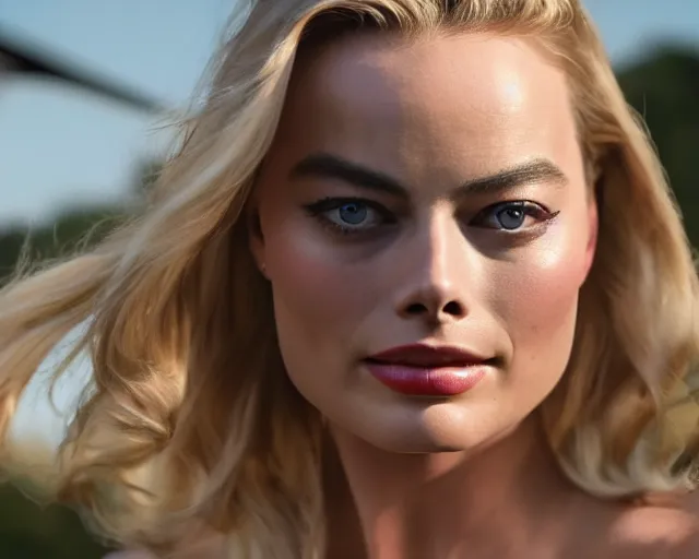 Image similar to a photo of margot robbie falling in the sky next to a helicopter, hyper realistic faces, beautiful eyes, cinematic, long shot, hyper detailed, 8 5 mm photograph, 8 k resolution, film still, sharp lens, wide lens