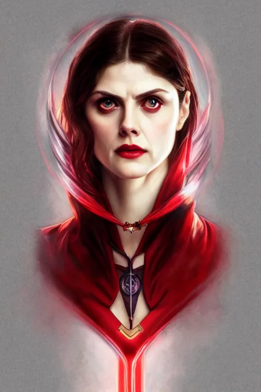 Image similar to alexandra daddario as scarlett witch, realistic portrait, symmetrical, highly detailed, digital painting, artstation, concept art, smooth, sharp focus, illustration, cinematic lighting, art by artgerm and greg rutkowski and alphonse mucha