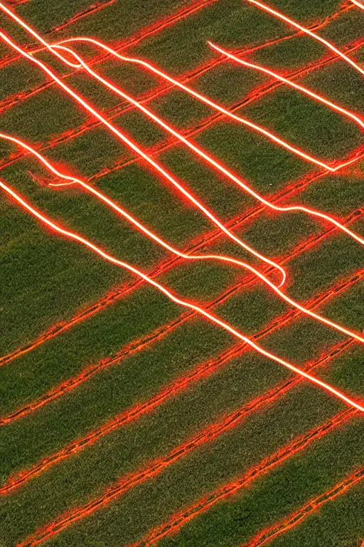 Image similar to Three giant red crosses made out of light beams in the center of a corn field