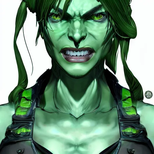 Prompt: character portrait of a green orc female, light green tone beautiful face by yoji shinkawa