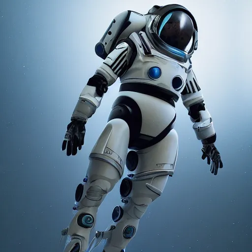 Prompt: space explorer wearing a futuristic exosuit, white background, highly detailed digital art, character design, octane render, 4k, photorealistic, cinematic lighting