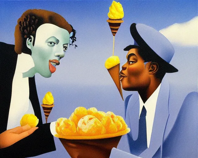 Image similar to Michael Jackson is giving you an icecream, painting by René Magritte