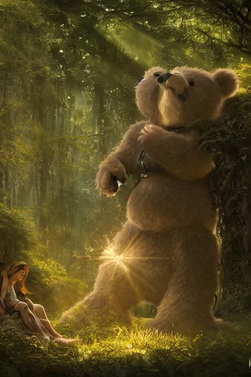 Prompt: mean fluffy teddybear protecting girl in a forest with rays of light coming through the canopy, masterpiece, dystopian, sci-fi, extremely detailed, digital painting, sculpted in zbrush, artstation, concept art, smooth, sharp focus, illustration, chiaroscuro lighting, golden ratio, incredible art, artgerm, greg rutkowski, alphonse mucha, simon stalenhag, carravaggio