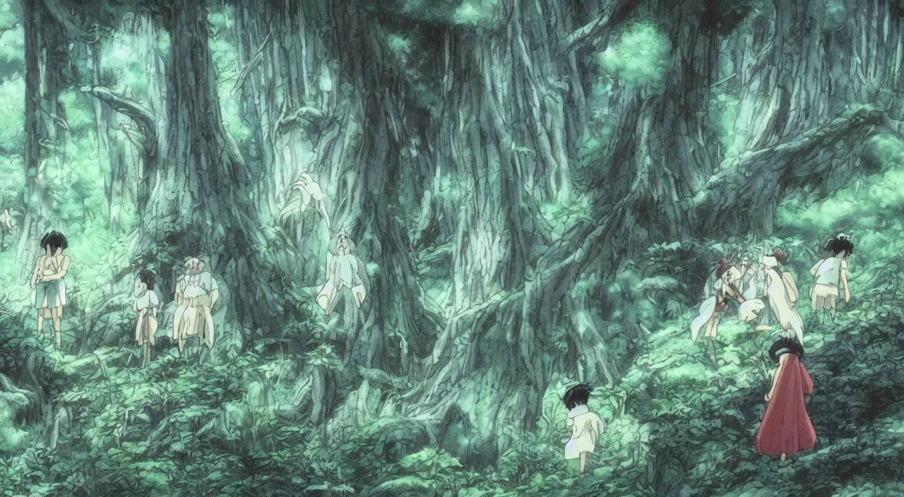 Prompt: studio ghibli anime still of a fantasy forest, forest ghosts from princess mononoke, mythical, key anime visuals