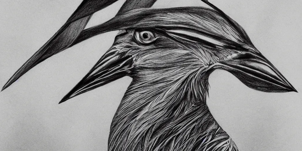 Image similar to pencil drawing of fantastical bird of paradise with beautiful eyes, black and white, illustration, extremely detailed, biology drawing, 4k