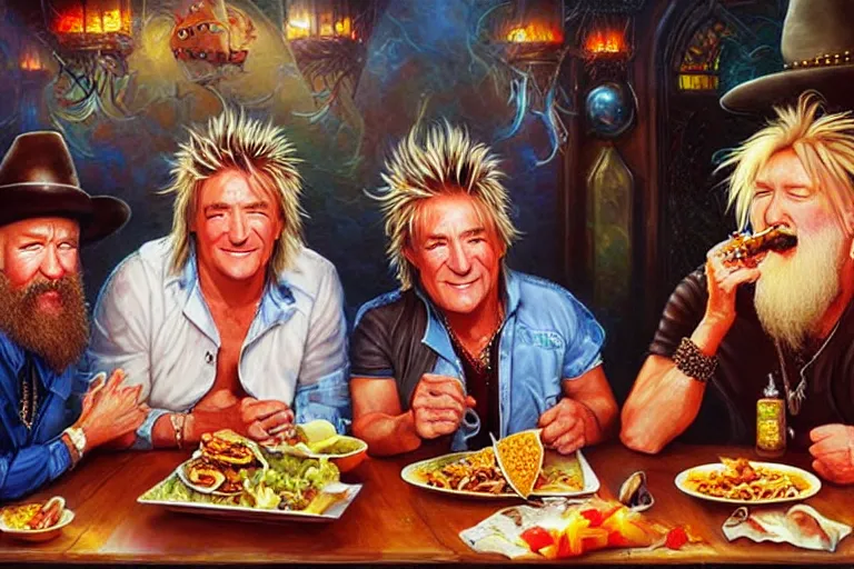 Image similar to rod stewart eating tacos with zz top, an oil painting by ross tran and thomas kincade