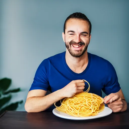 Prompt: a happy man wearing a blue shirt eating spaghetti