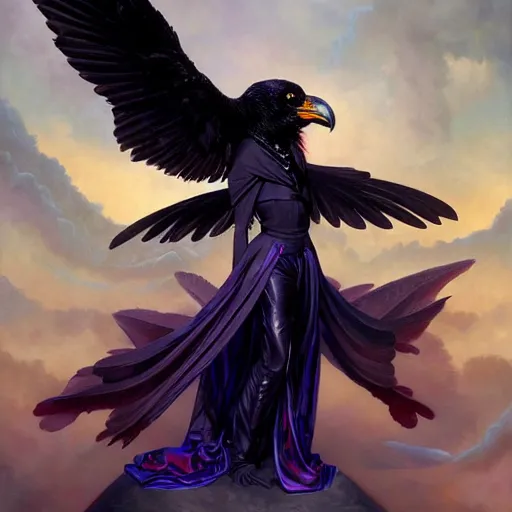 Prompt: character portrait of a modest robed raven angel with iridescent black raven wings, by Peter Mohrbacher, Artgerm, Mark Brooks, Jim Burns, Marina Abramović, Wadim Kashin