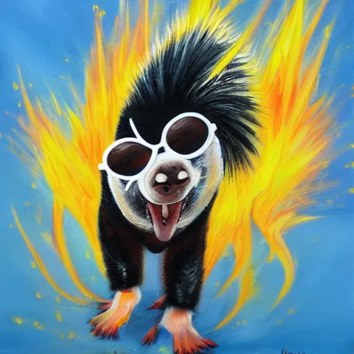 Prompt: skunk wearing shades, explosion behind it, walking confidently, oil painting, professional, highly detailed