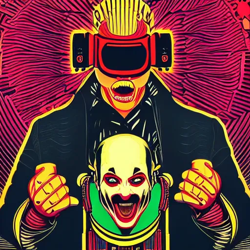 Image similar to Illustrated by Shepard Fairey and H.R. Geiger | Cyberpunk Clown Vampire with VR helmet, surrounded by cables