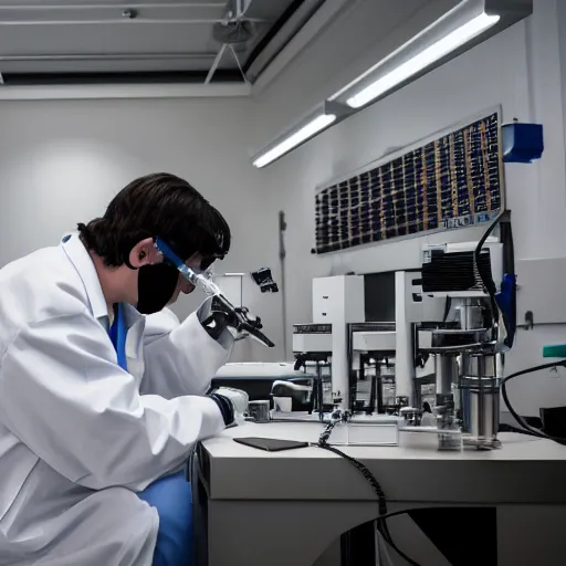 Prompt: scientist working with an electron microscope in a clean room, photography