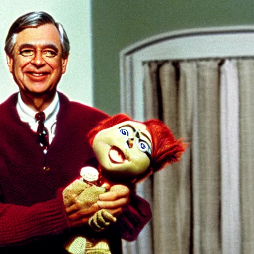 Image similar to Mr. Rogers holding a Chucky doll from the movie Child's Play from 1988 highly detailed 8k hdr