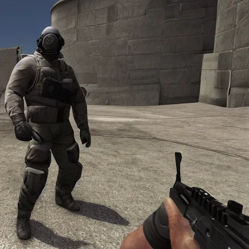 Prompt: a screenshot of arnold schwarzenegger in cs : go, full body shot