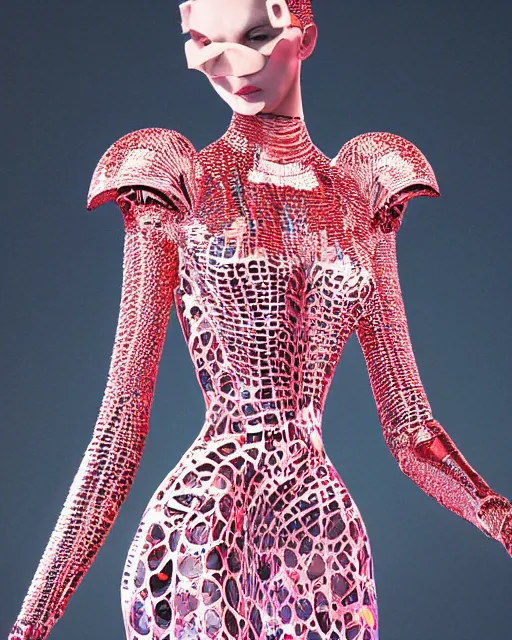 Image similar to a beautiful hyperrealistic ultradetailed, one model a magnificent McQueen couture bright clothes, photo studio, studio photography, studio light, photo for magazine, Designer clothes, futuristic clothes, voge photo, fashion style, enhanced sharpness, glamorous shine