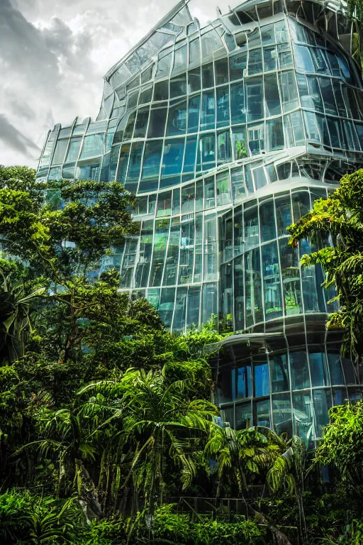 Prompt: a futuristic exterior photo of a steampunk science building made of huge glass panes and futuristic architecture built in the middle of a lush tropical rainforest, realistic afternoon lighting, shot with a canon 20mm lens
