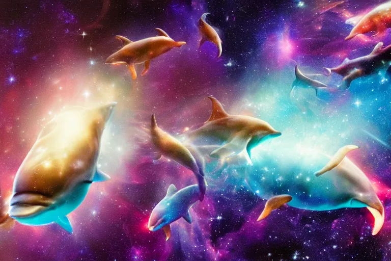 Prompt: a group of cosmic dolphins jumping out of a cosmic ocean in space, half of the screen is cosmic ocean