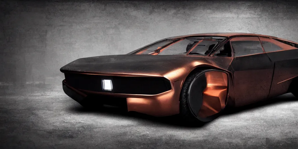 Prompt: a design of a futuristic DMC Delorian, designed by Polestar, blade runner background, front and back view, stained antique copper car paint, black windows, sportscar, dark show room, dramatic lighting, hyper realistic render, depth of field