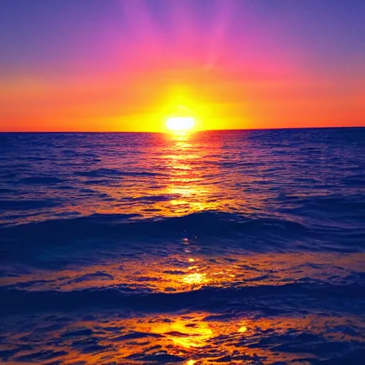 Image similar to sunset on the ocean, water is glowing golden, gold colored glowing water, sun surrounded by blackness, sky completely dark, night sky with stars visible with the sun still on the horizon