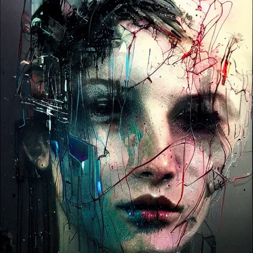 Image similar to a dark cyberpunk dream of wires broken skulls skin cybernetic machines and decay moody hyperrealism 8 k photo atmospheric by jeremy mann, francis bacon and agnes cecile, ink drips paint smears digital glitches glitchart