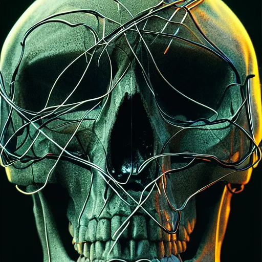 Prompt: a human skull, revealing wires and electronics, arteries, veins, sci - fi, missing panels, intricate abstract intricate artwork, concept art, octane render, deviantart, cinematic, key art, hyperrealism, iridescent accents, portrait photograph, nikon 3 5 mm, photograph by greg rutkowski