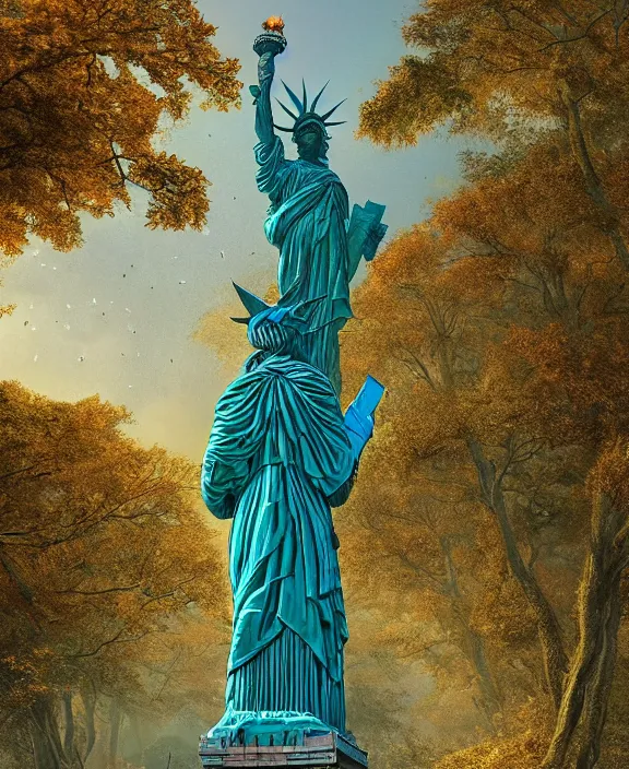 Prompt: highly detailed digital matte painting of a Lady Liberty statue covered in leaves and nature with overgrowth Full shot. By Raphael LaCoste and Ruan Jia and Robert McCall, postcyberpunk, geodesic dome, hyperdetailed, sunrise, wide shot, autochrome, octane render