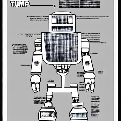 Prompt: donald trump robot user manual, eighties style, drawings, schematics, hyper detailed, soviet style, russian