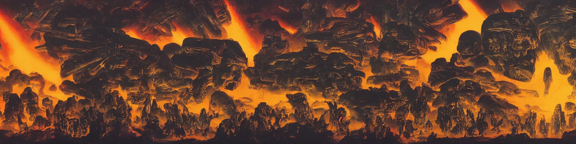 Image similar to sidescrolling shmup science fiction background fire theme and moai heads by frank frazetta