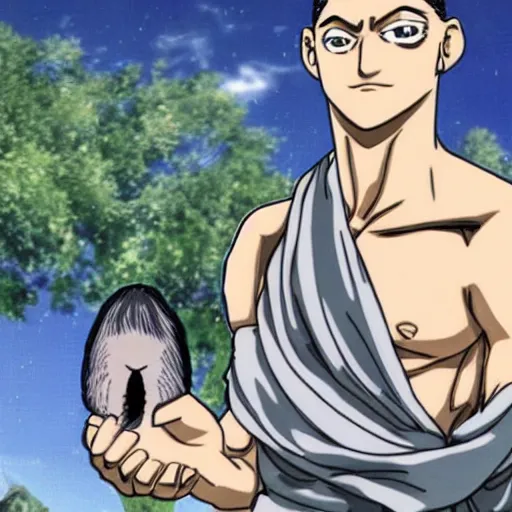 Image similar to official hunter x hunter card with picture of a thin white skinned armenian with a big jaw and a hairy chest