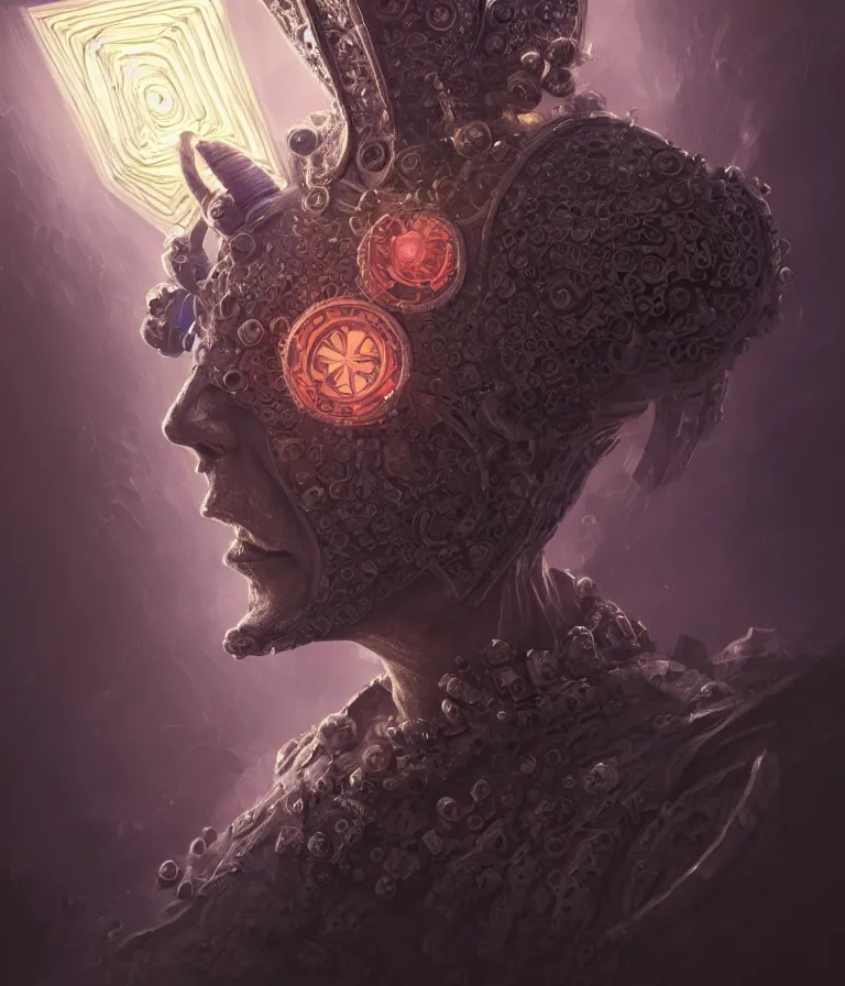 Image similar to front!!! shot of a court jester!!! character, hyperdimensional, bioluminescent hypercubes, dark holography!!!, future, chrome, (((intricate))), elegant, highly detailed, centered, (((artstation, concept art, smooth, sharp focus, artgerm, Tomasz Alen Kopera, Peter Mohrbacher, donato giancola, Joseph Christian Leyendecker, WLOP, Boris Vallejo))), ((raytracing)), mugshot!!!!!, ugly!!!!!!, octane render, nvidia raytracing demo, octane render, nvidia raytracing demo, octane render, nvidia raytracing demo, grainy, muted, 8K, digitalblasphemy, metatron