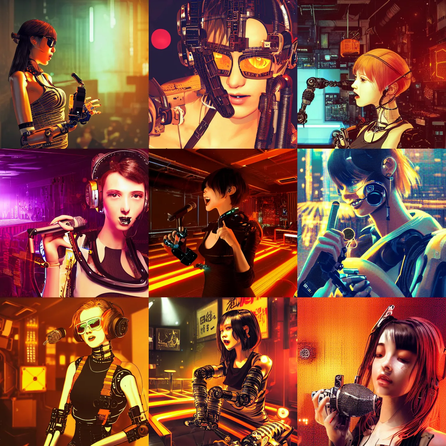 Prompt: highly detailed portrait of a post-cyberpunk robotic young lady singing in a club by Akihiko Yoshida, 4k resolution, vibrant orange,brown, white, yellow and black color scheme