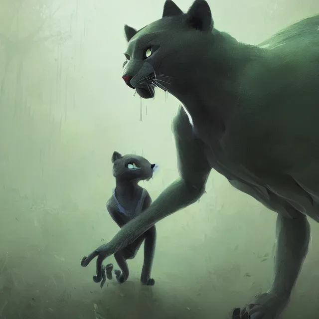 Image similar to a beautiful painting of a handsome anthropomorph gray panther furry fursona. green fog. disney character design by cory loftis, fenghua zhong, ryohei hase, ismail inceoglu and ruan jia. artstation, volumetric light, detailed, photorealistic, rendered in octane