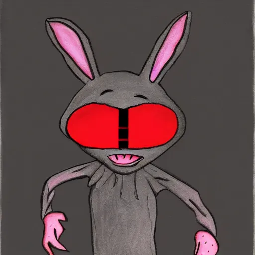 Prompt: A extremely highly detailed demonic scary evil painting of a humanoid black cartoon rabbit with red eyes smiling