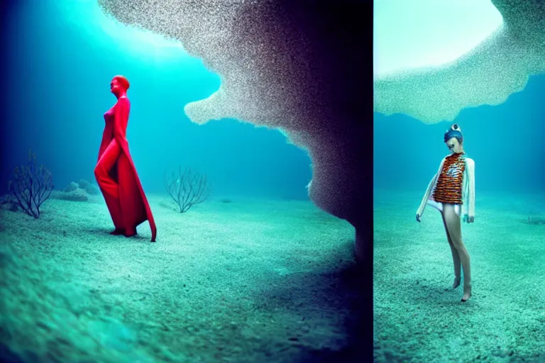 Prompt: fashion editorial photography in an underwater world inspired by jean giraud moebius