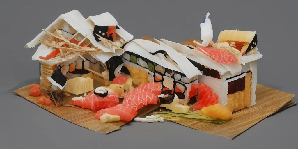 Image similar to a house made out of sushi, 4k, 35mm