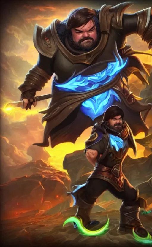 Image similar to Jack Black as a character in the game League of Legends, with a background based on the game League of Legends, detailed face, old 3d graphics