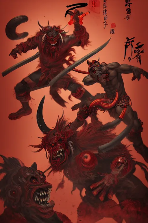 Prompt: beautiful cinematic horror poster with Oni Tengu demons fighting samurai from Japan , hybrid from Doom and art direction by Darius Zawadzki ;by artgerm; wayne reynolds art station; cinematic quality character render; low angle; ultra high quality model; production quality cinema model;