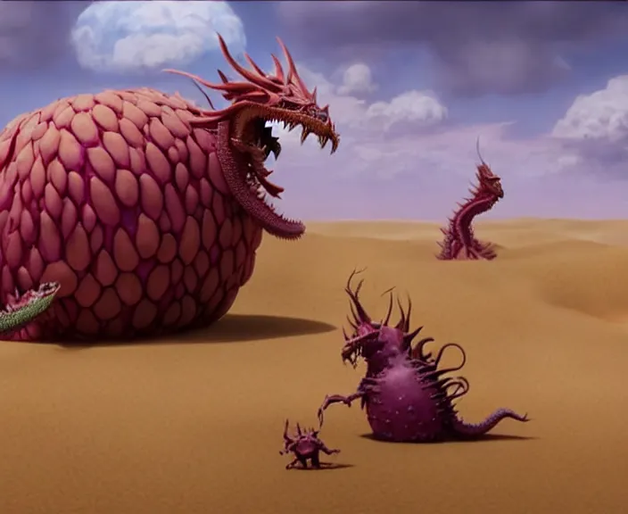 Image similar to still frame from Cloudy with a Chance of Meatballs 2 (2013) of majestic dragon fruit sandworm dragon and his corn knights minions army in vast dunes, Scyth game art by beksinski scenography by Giger by Jakub Różalski by Jakub rozalski