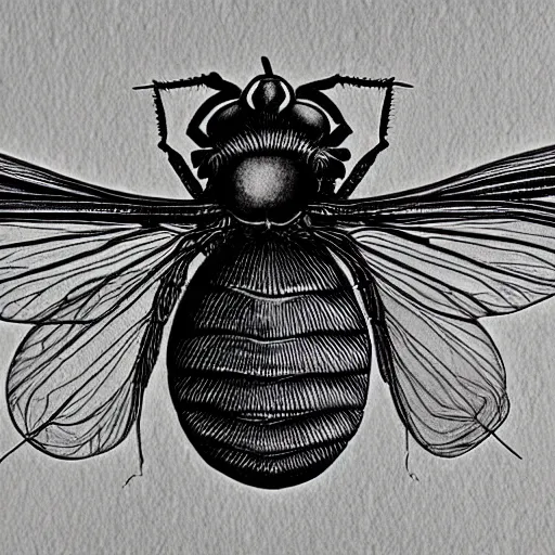 Image similar to house fly, black and white, botanical illustration, black ink on white paper, bold lines