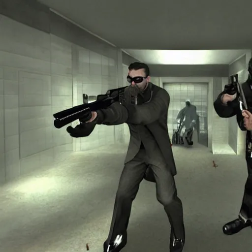 Prompt: gordon freeman vs james bond photorealistic gun fight in an abandoned hospital halflife goldeneye